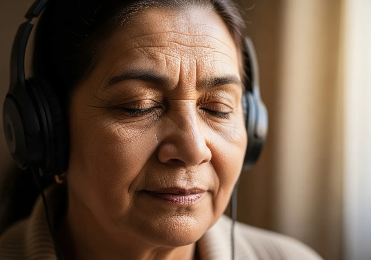 Lucía listening to the Psalms in Spanish through headphones