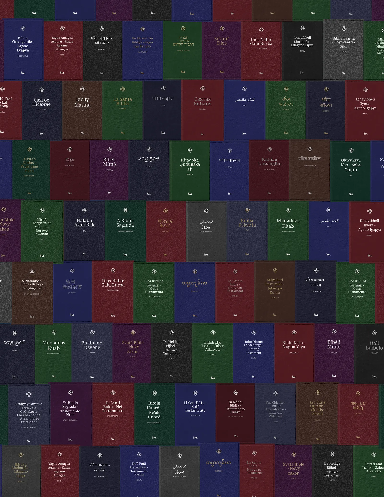 A wall of complete Bibles, each in a different language