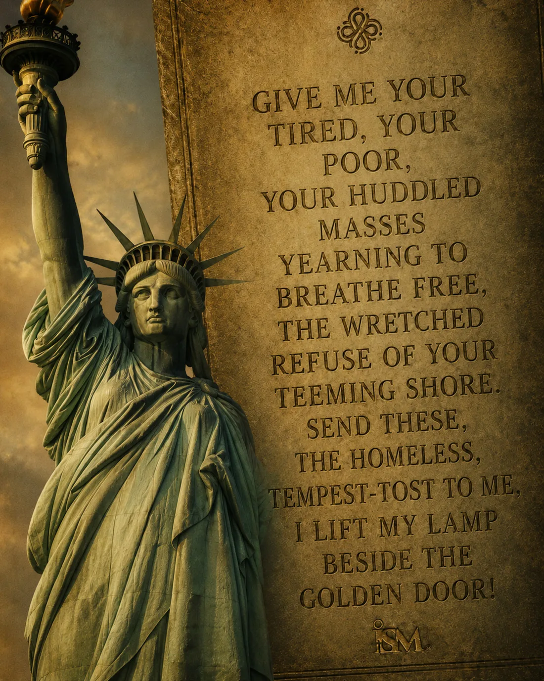 The Statue of Liberty beside Emma Lazarus's words, 'Give me your tired, your poor...'