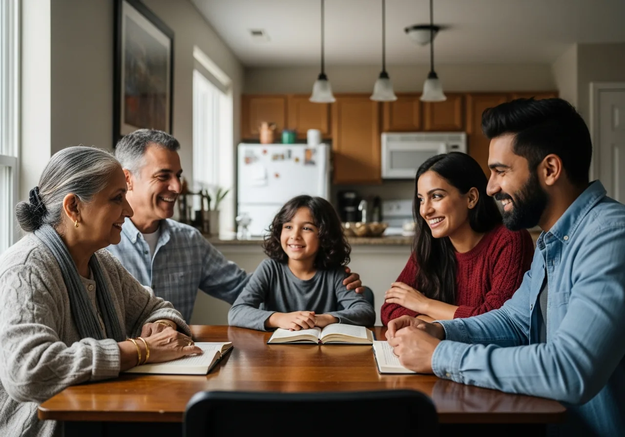 Darya, who found Scripture in her heart language, with her family around their kitchen table